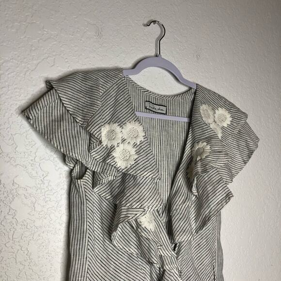 Innika Choo white black stripe floral embroidered ruffle linen dress 2 or Medium - Picture 4 of 16